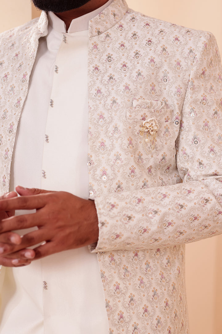 White Designer Open Jacket Indo-Western Suit Embroidered with Sequin & Thread.