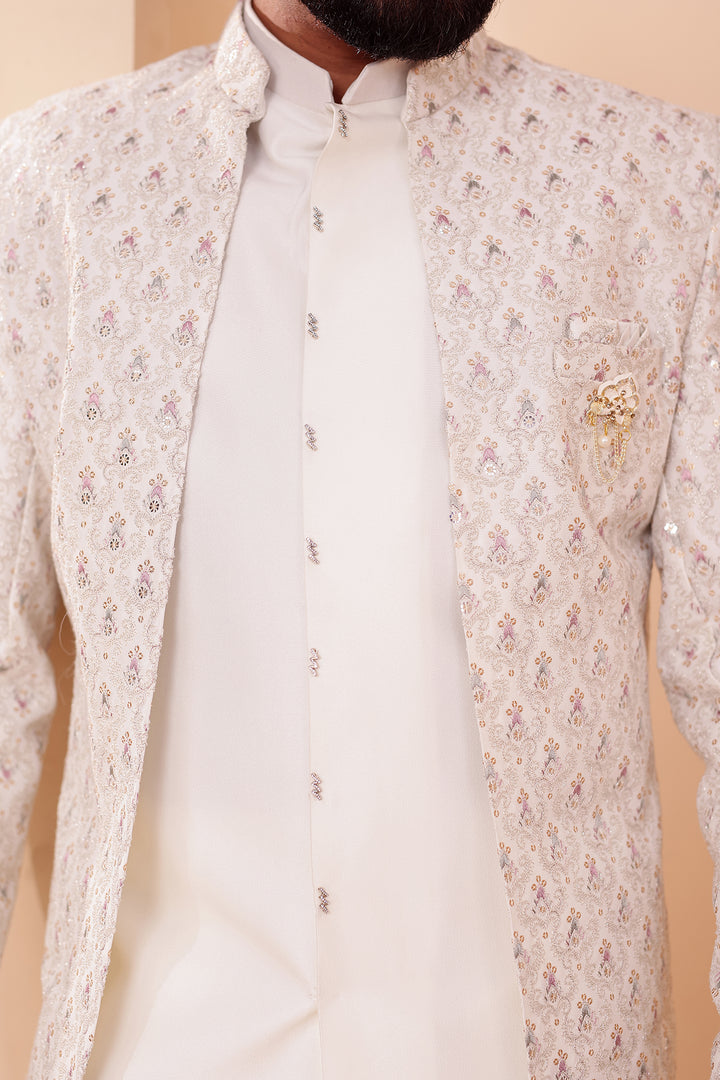 White Designer Open Jacket Indo-Western Suit Embroidered with Sequin & Thread.