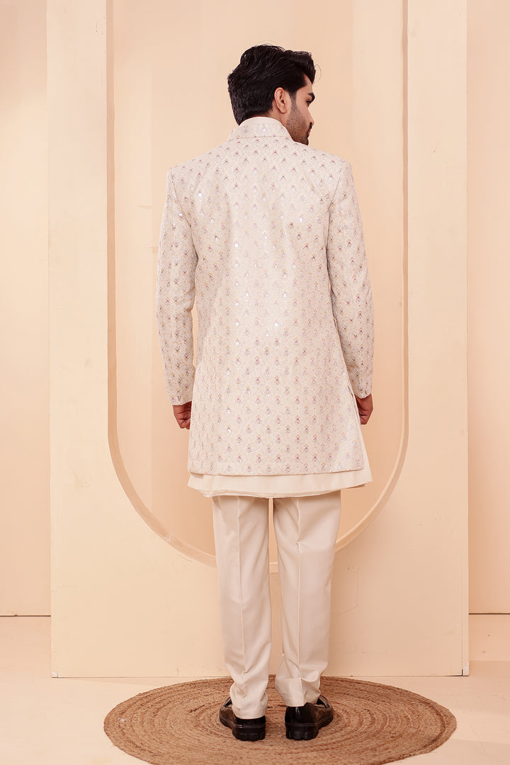 Ivory Designer Open Jacket Indo-Western Suit Embroidered with Sequin & Thread.