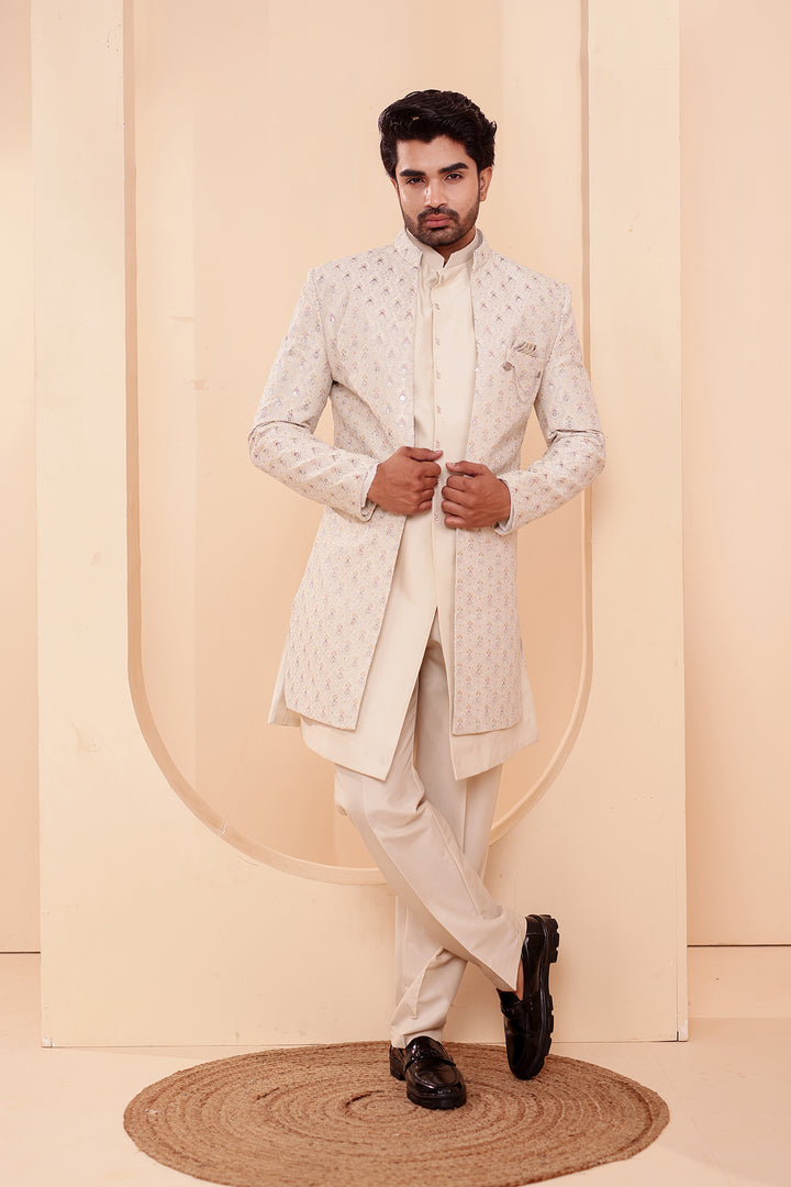 Ivory Designer Open Jacket Indo-Western Suit Embroidered with Sequin & Thread.