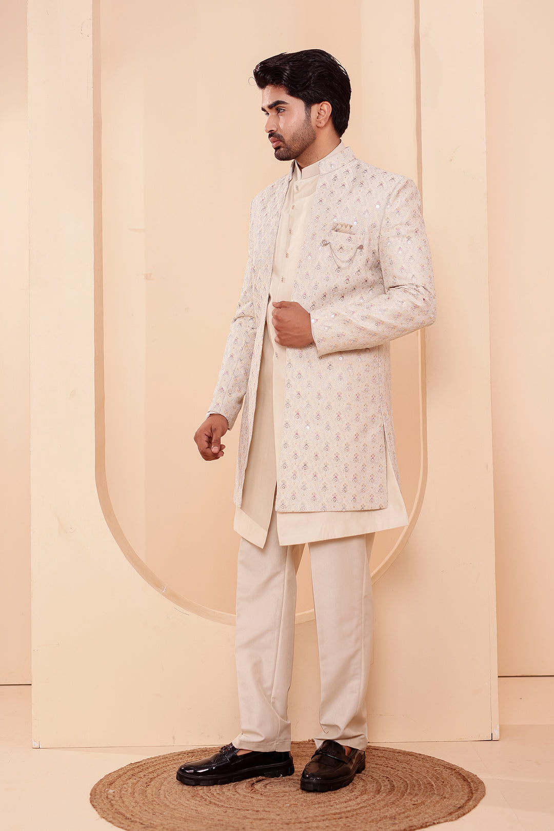 Ivory Designer Open Jacket Indo-Western Suit Embroidered with Sequin & Thread.