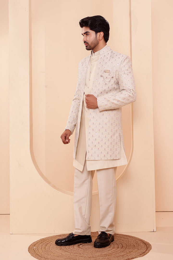 Ivory Designer Open Jacket Indo-Western Suit Embroidered with Sequin & Thread.