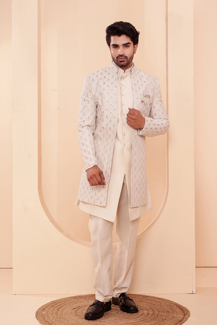Ivory Designer Open Jacket Indo-Western Suit Embroidered with Sequin & Thread.