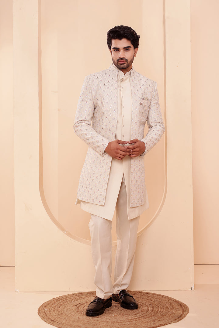 Ivory Designer Open Jacket Indo-Western Suit Embroidered with Sequin & Thread.