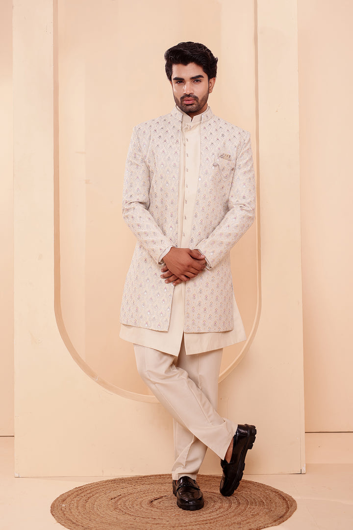Ivory Designer Open Jacket Indo-Western Suit Embroidered with Sequin & Thread.
