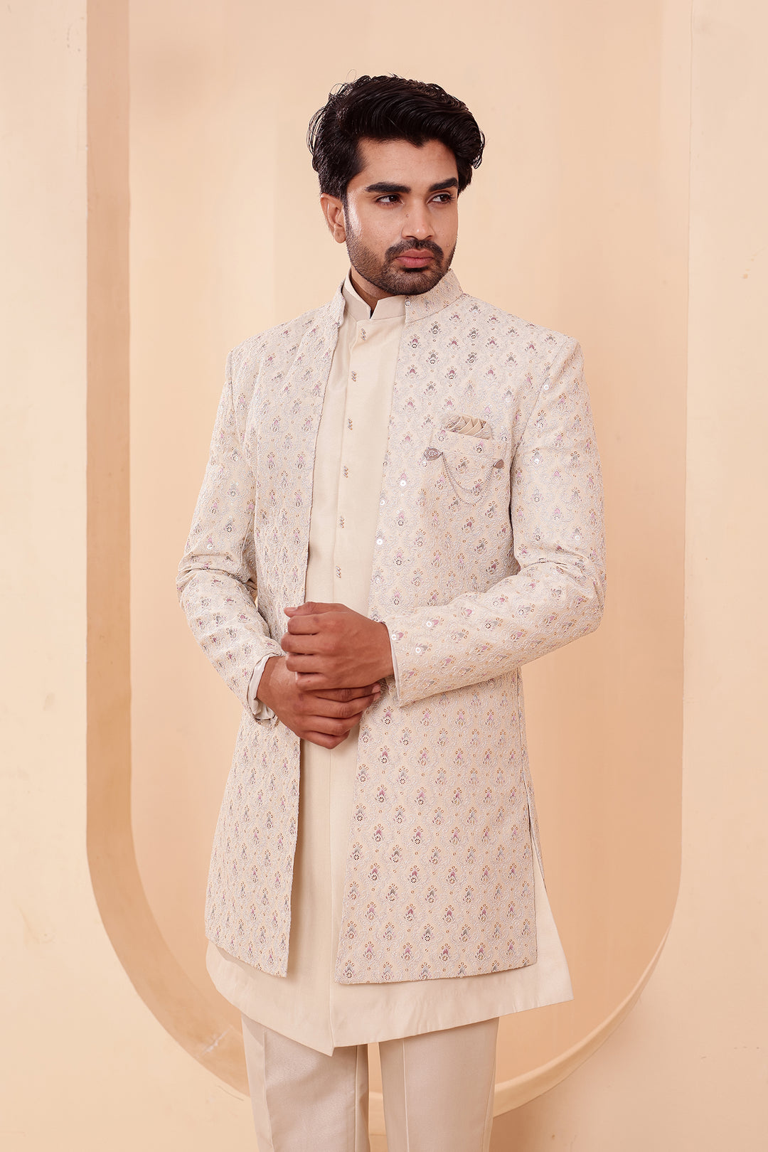 Ivory Designer Open Jacket Indo-Western Suit Embroidered with Sequin & Thread.
