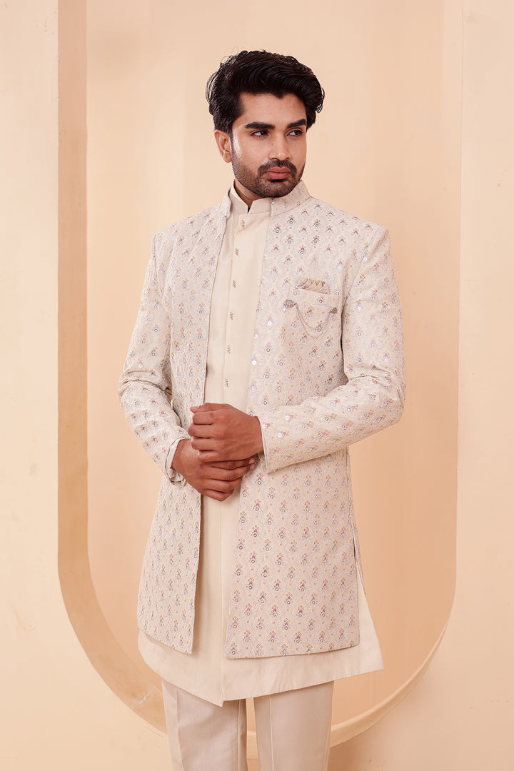 Ivory Designer Open Jacket Indo-Western Suit Embroidered with Sequin & Thread.