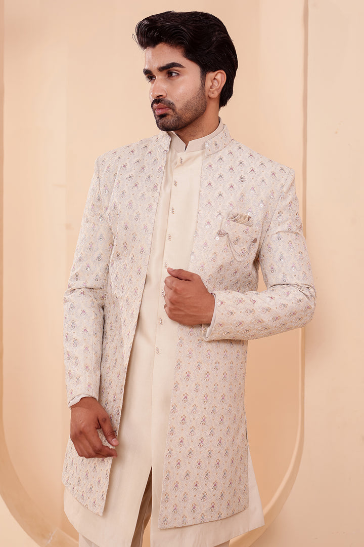 Ivory Designer Open Jacket Indo-Western Suit Embroidered with Sequin & Thread.
