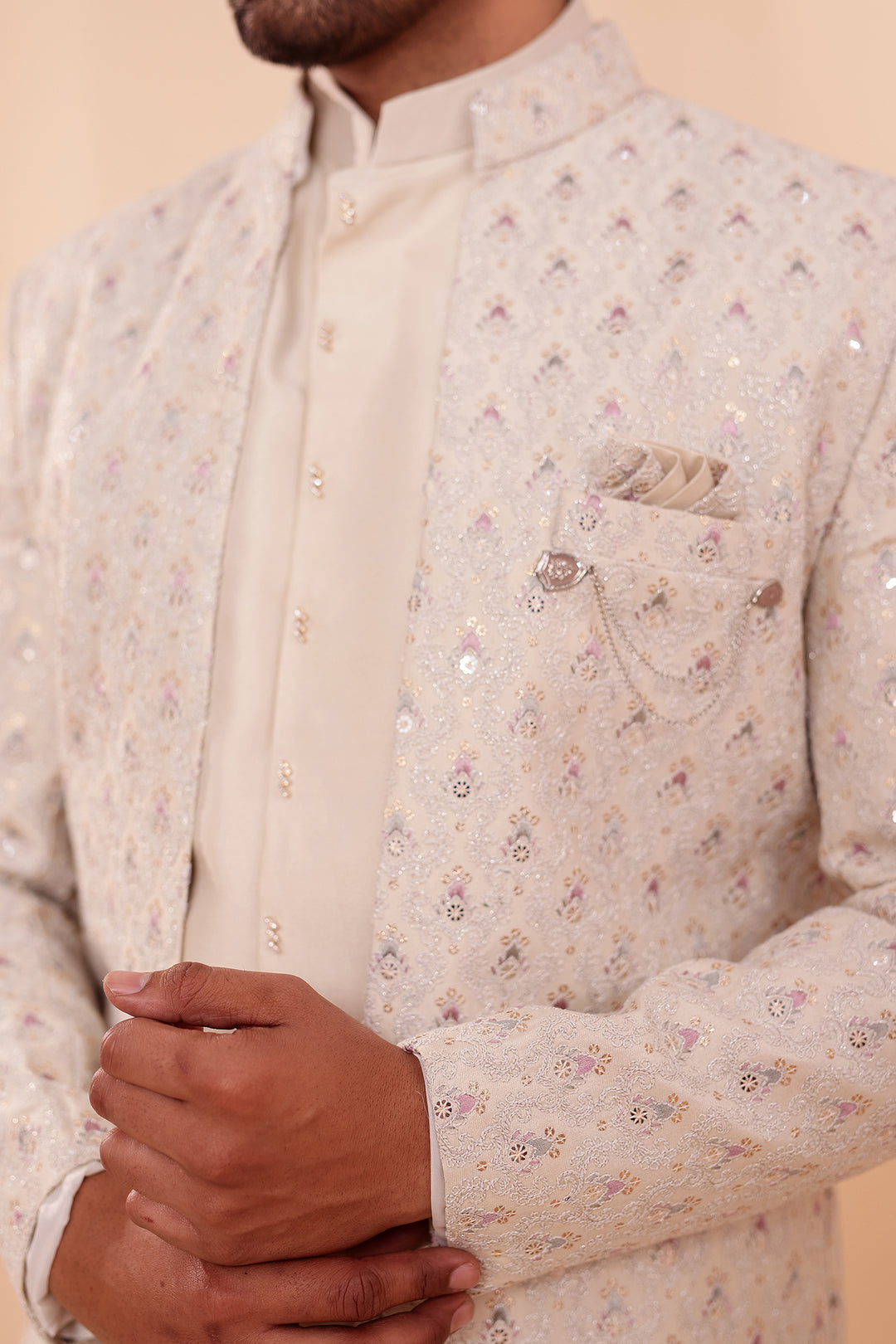 Ivory Designer Open Jacket Indo-Western Suit Embroidered with Sequin & Thread.