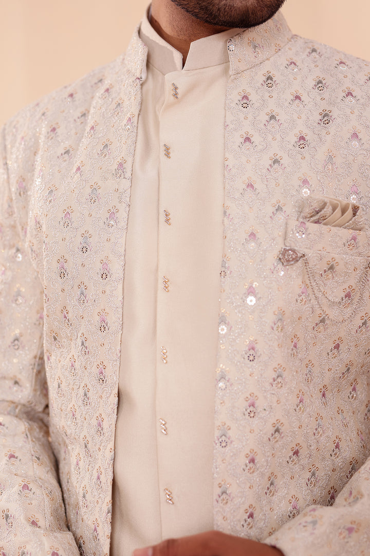 Ivory Designer Open Jacket Indo-Western Suit Embroidered with Sequin & Thread.
