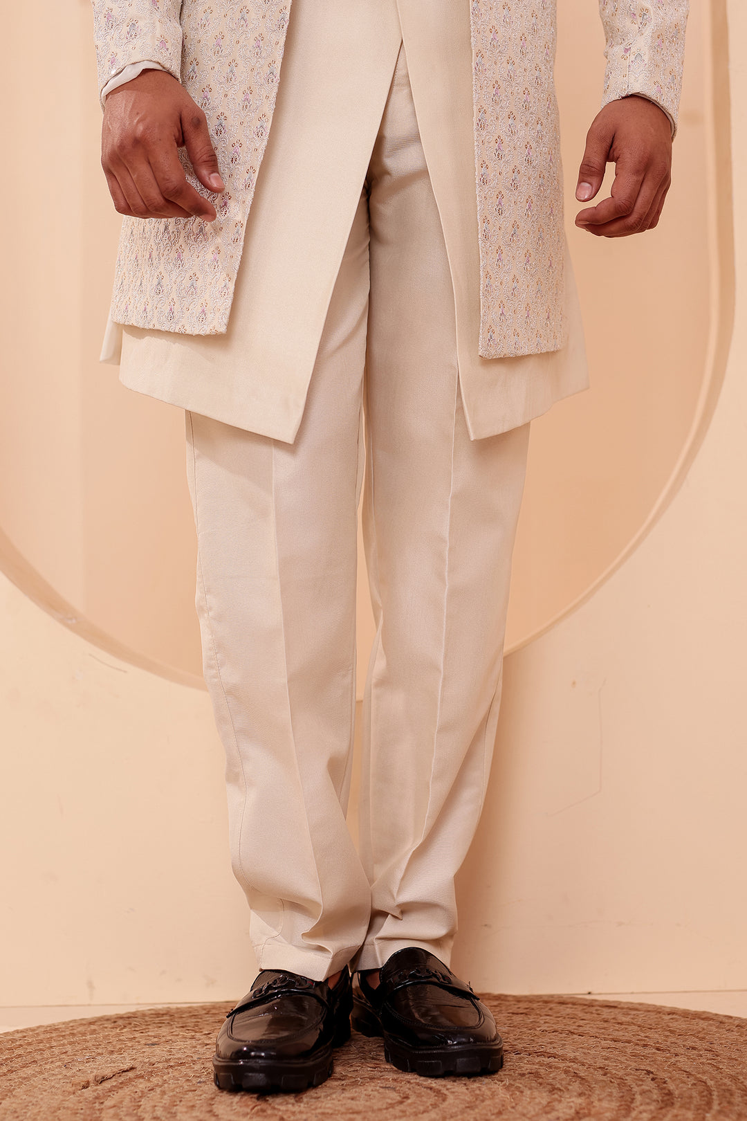 Ivory Designer Open Jacket Indo-Western Suit Embroidered with Sequin & Thread.