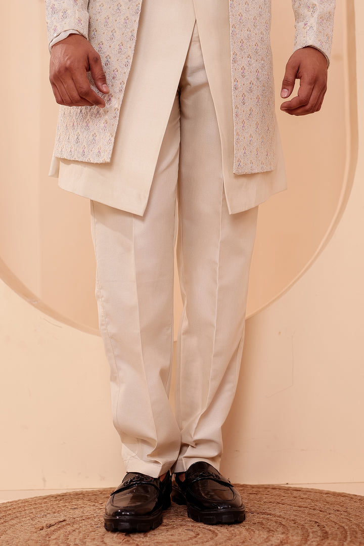 Ivory Designer Open Jacket Indo-Western Suit Embroidered with Sequin & Thread.