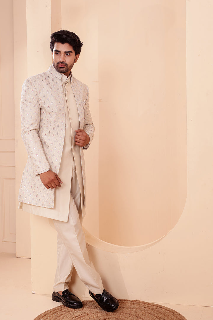 Ivory Designer Open Jacket Indo-Western Suit Embroidered with Sequin & Thread.