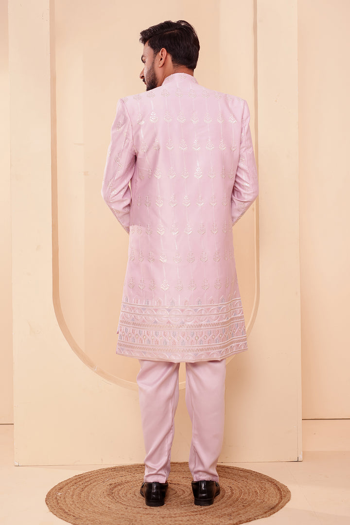 Lavander Raw Silk Indo-western Suit with Sequin Work.