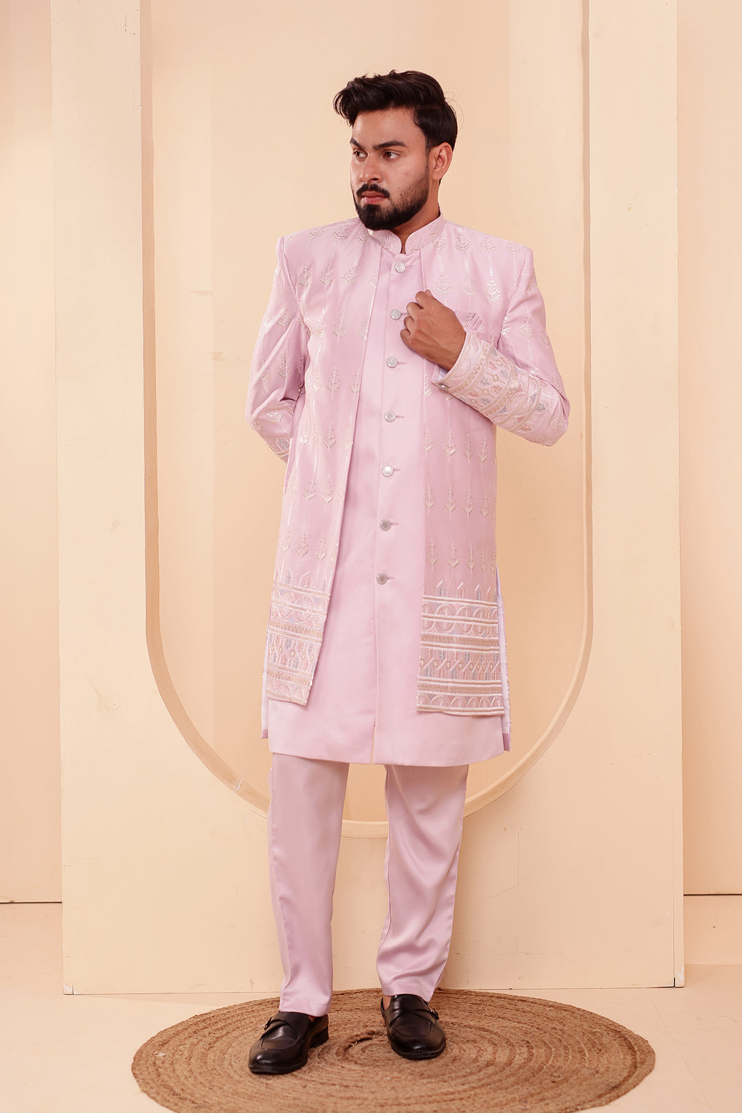 Lavander Raw Silk Indo-western Suit with Sequin Work.