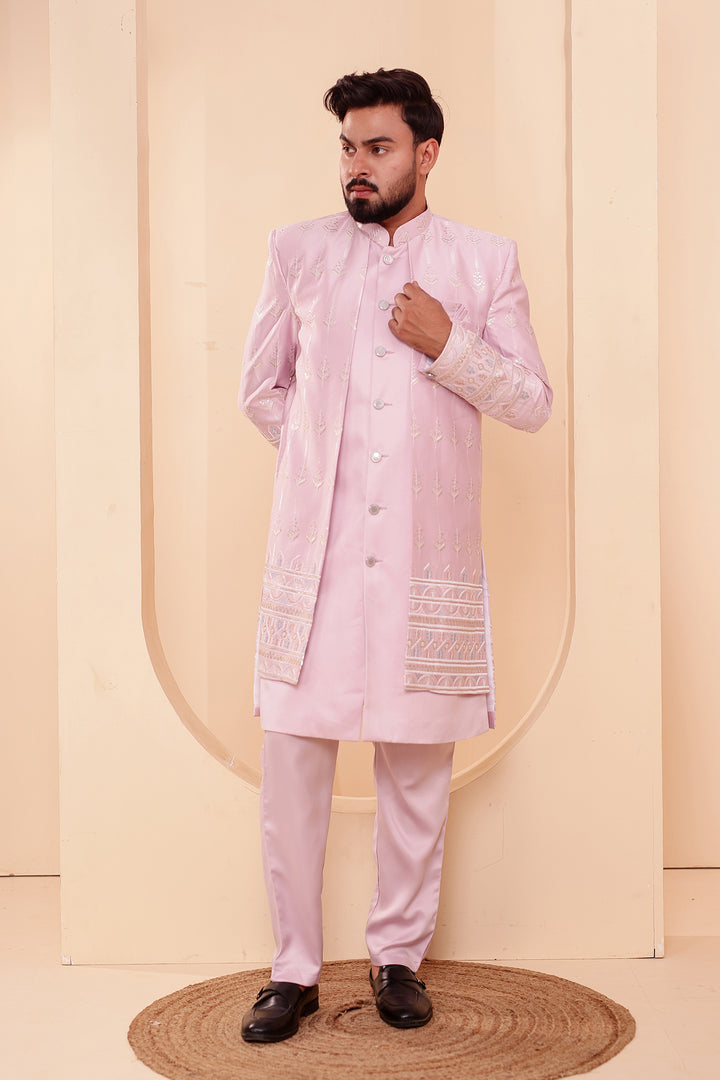 Lavander Raw Silk Indo-western Suit with Sequin Work.