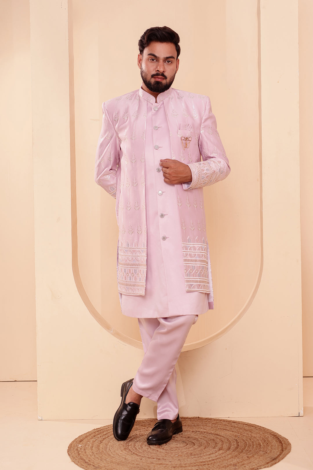 Lavander Raw Silk Indo-western Suit with Sequin Work.