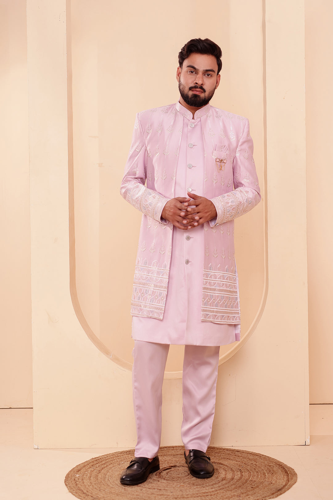 Lavander Raw Silk Indo-western Suit with Sequin Work.