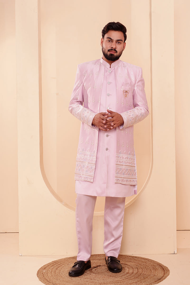 Lavander Raw Silk Indo-western Suit with Sequin Work.