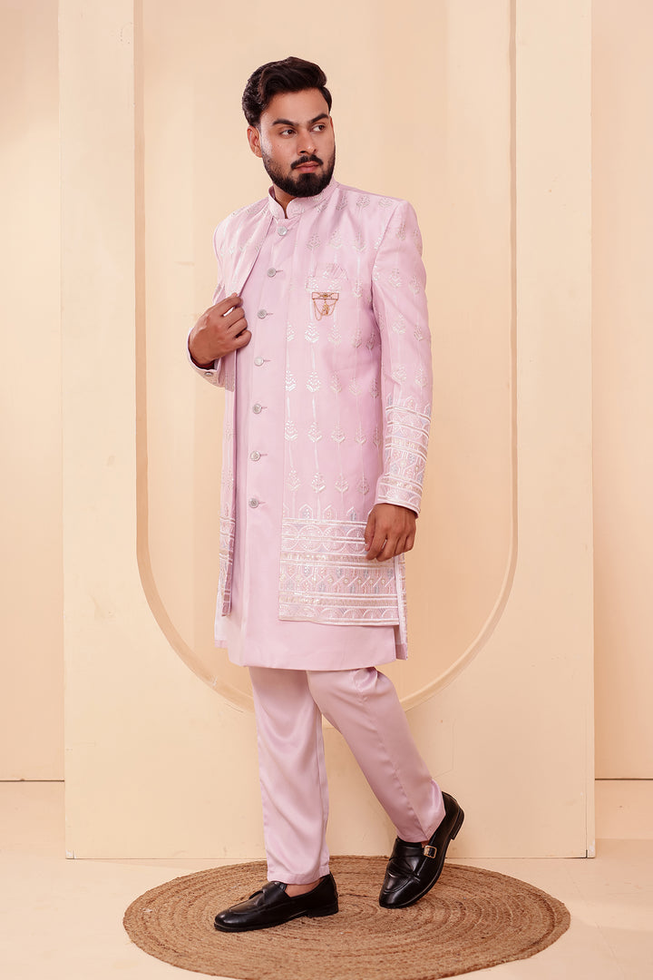 Lavander Raw Silk Indo-western Suit with Sequin Work.