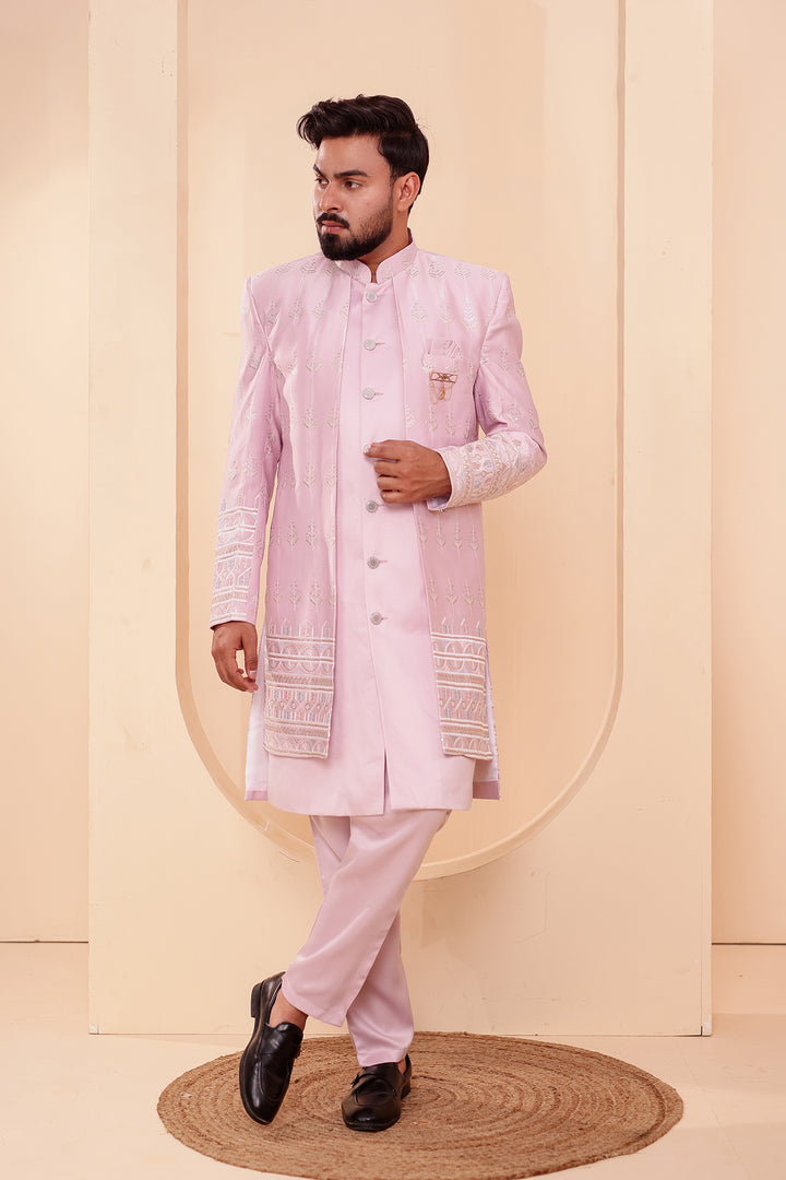 Lavander Raw Silk Indo-western Suit with Sequin Work.