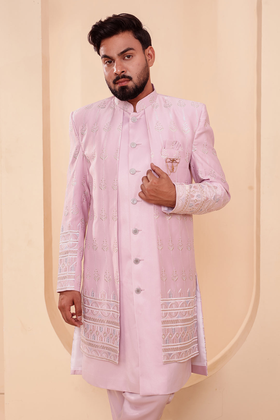 Lavander Raw Silk Indo-western Suit with Sequin Work.