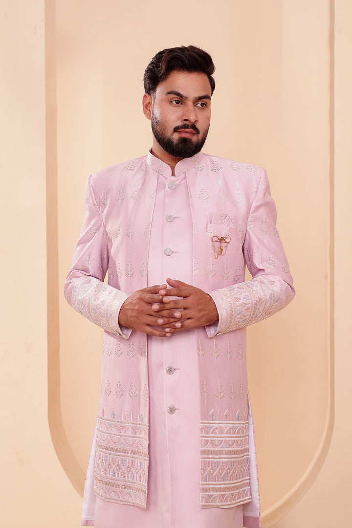 Lavander Raw Silk Indo-western Suit with Sequin Work.