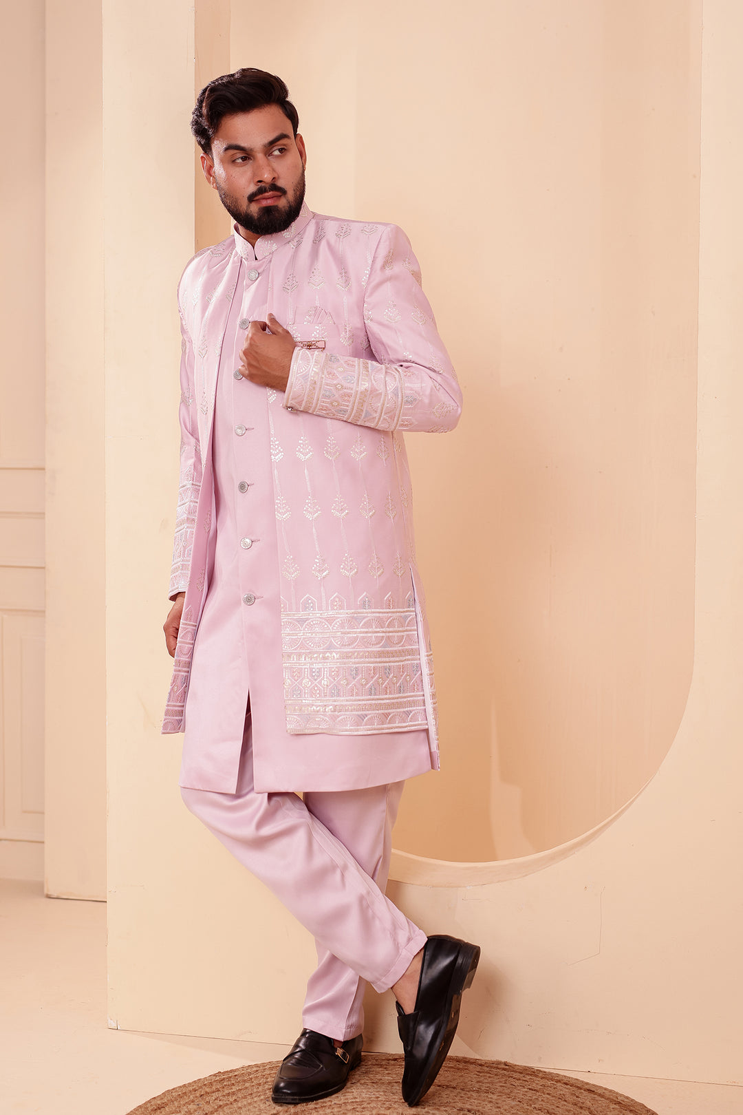 Lavander Raw Silk Indo-western Suit with Sequin Work.