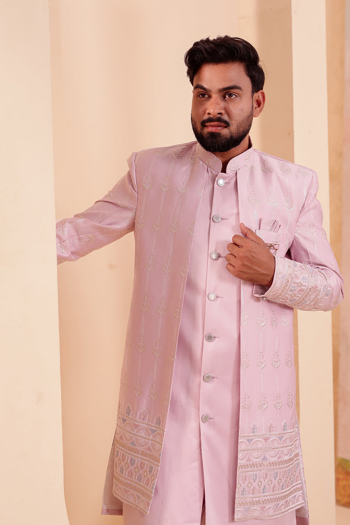 Lavander Raw Silk Indo-western Suit with Sequin Work.