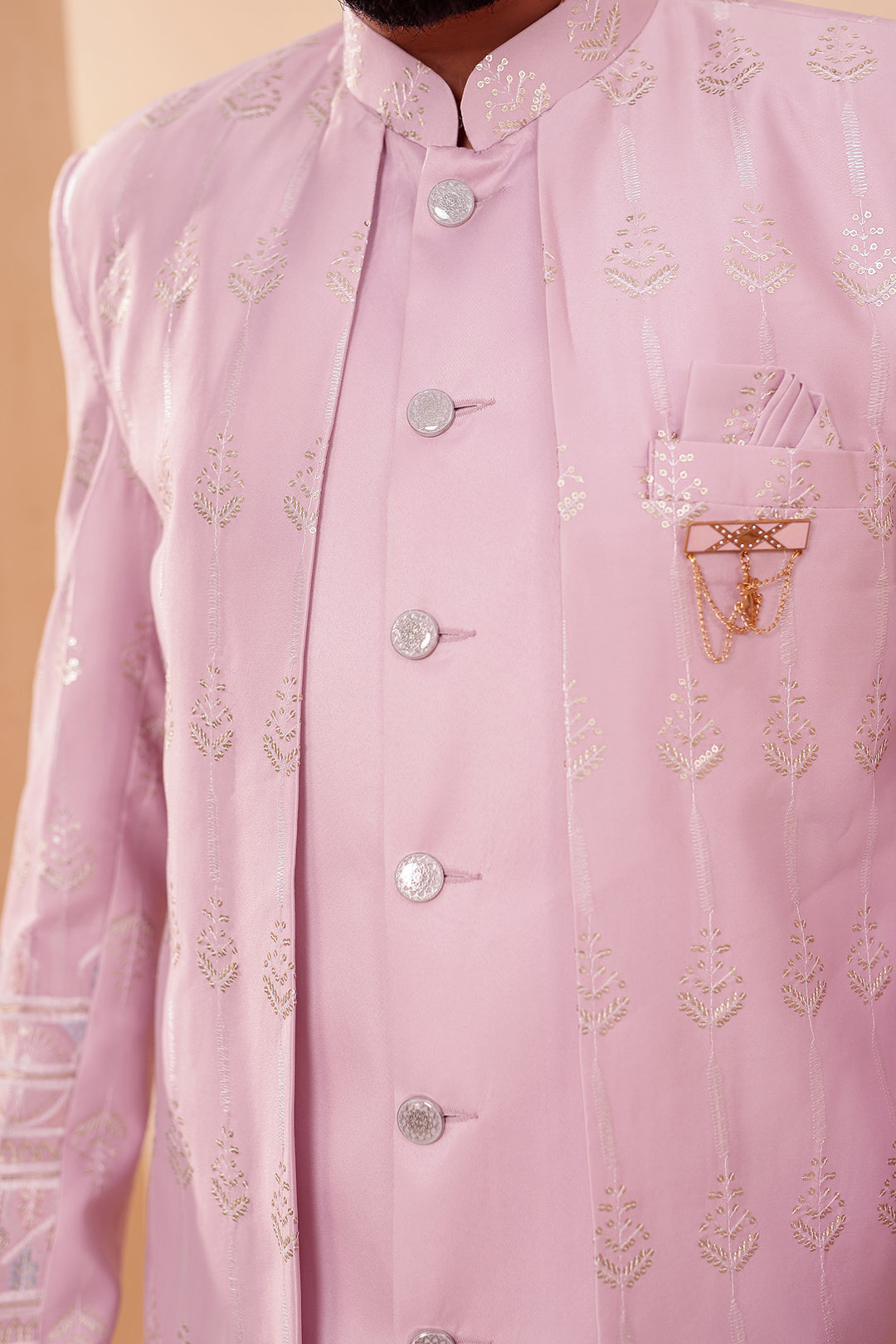 Lavander Raw Silk Indo-western Suit with Sequin Work.