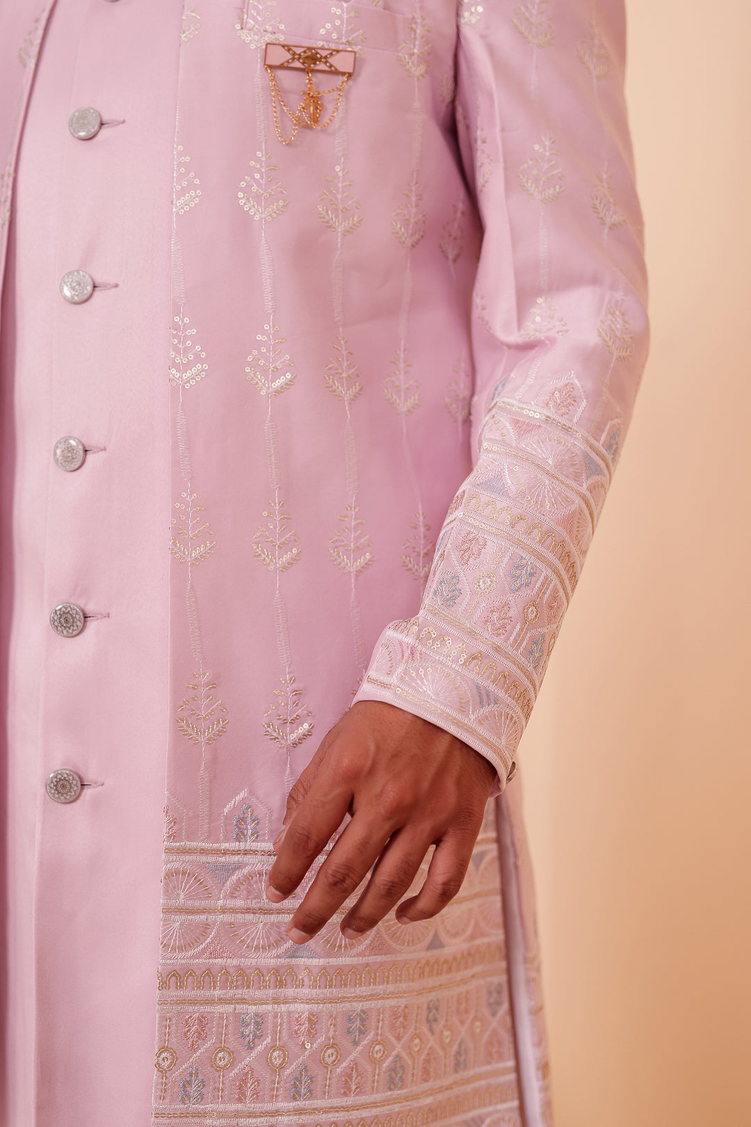 Lavander Raw Silk Indo-western Suit with Sequin Work.