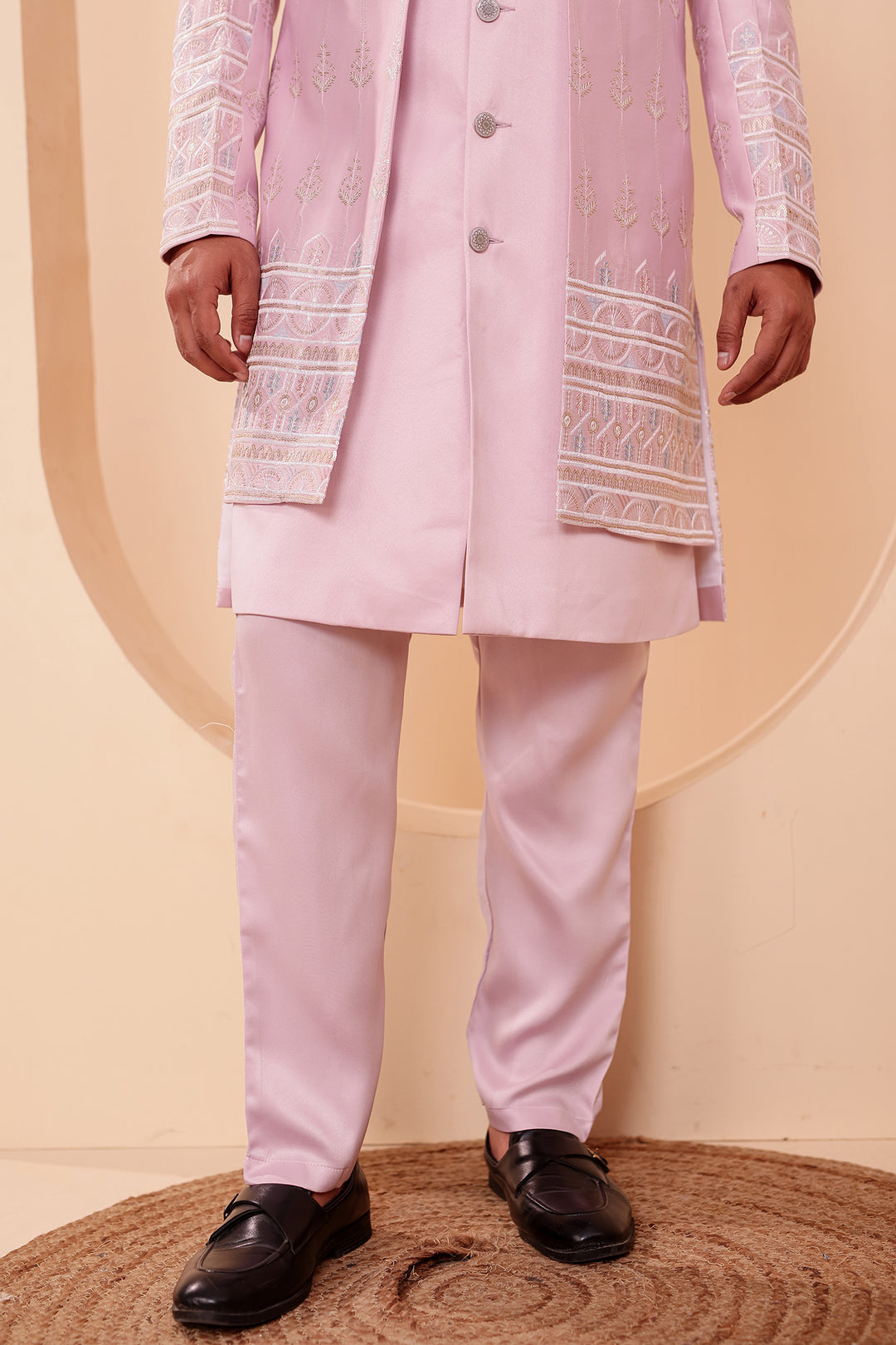 Lavander Raw Silk Indo-western Suit with Sequin Work.