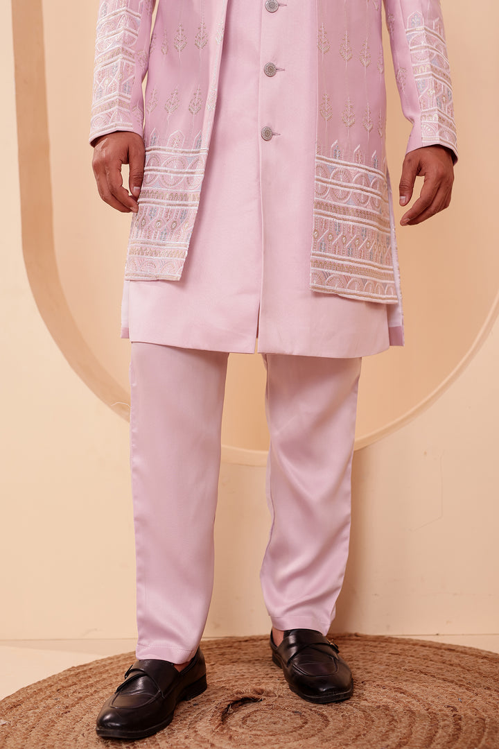 Lavander Raw Silk Indo-western Suit with Sequin Work.