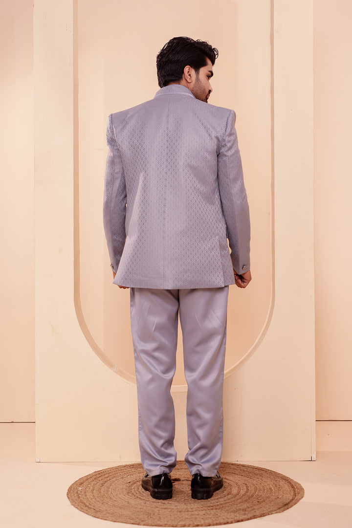 Grey Brocade Silk Open Jacket Style Jodhpuri Suit.