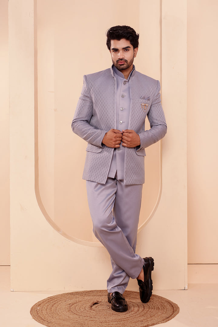 Grey Brocade Silk Open Jacket Style Jodhpuri Suit.