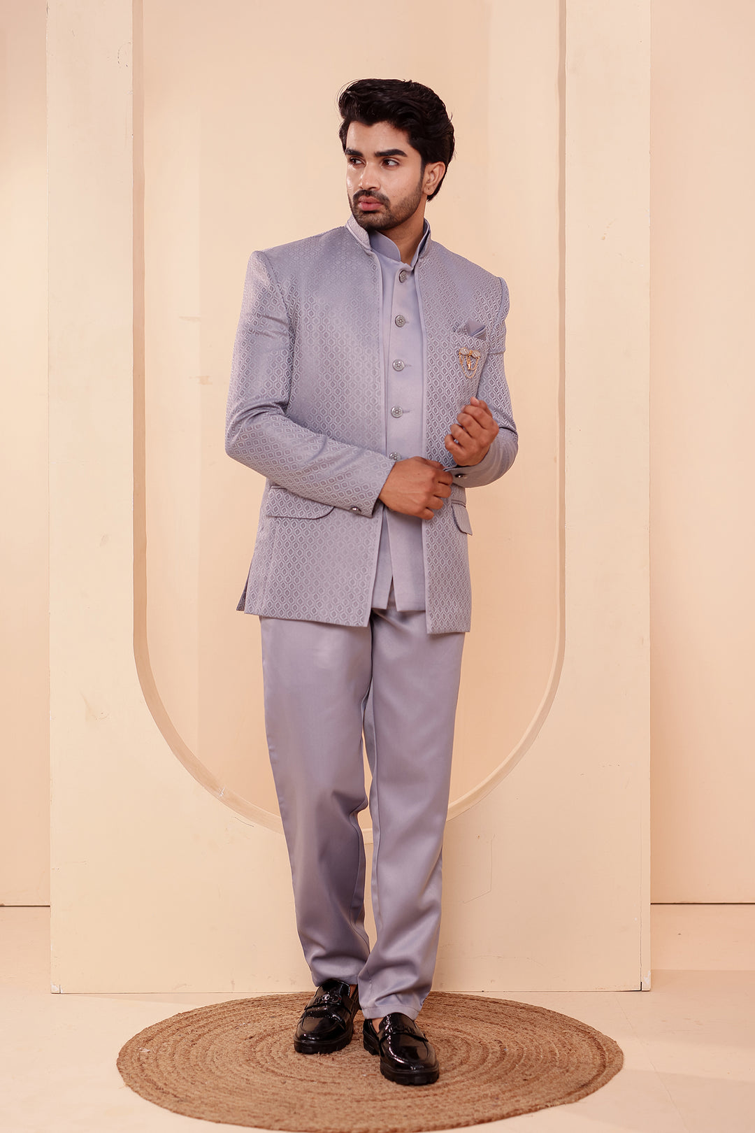 Grey Brocade Silk Open Jacket Style Jodhpuri Suit.