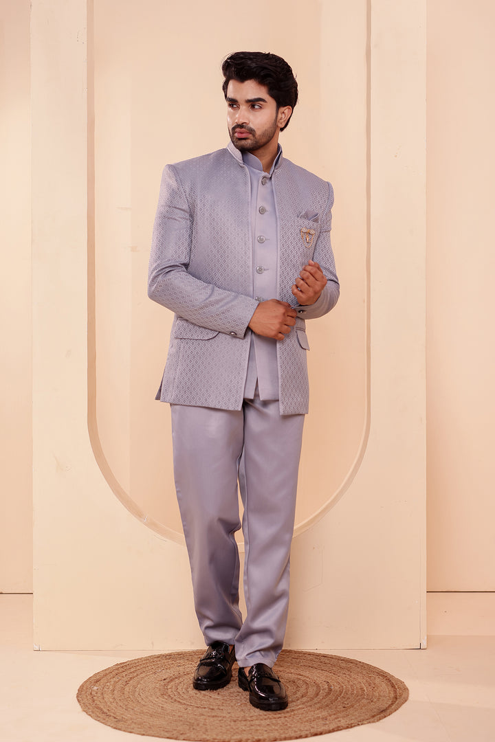 Grey Brocade Silk Open Jacket Style Jodhpuri Suit.