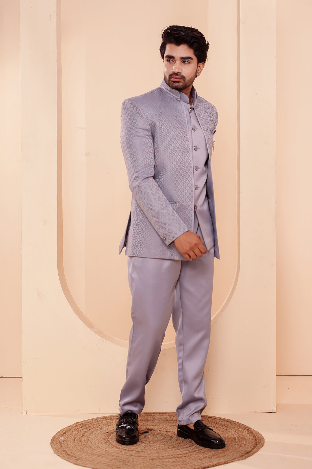 Grey Brocade Silk Open Jacket Style Jodhpuri Suit.