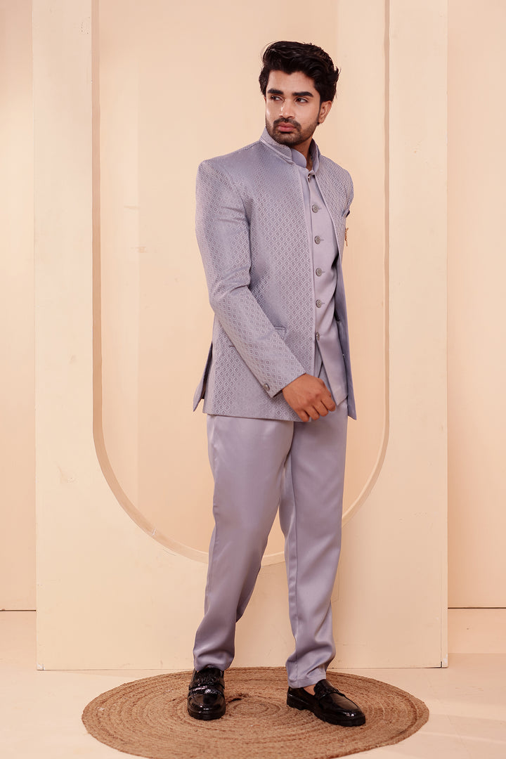 Grey Brocade Silk Open Jacket Style Jodhpuri Suit.