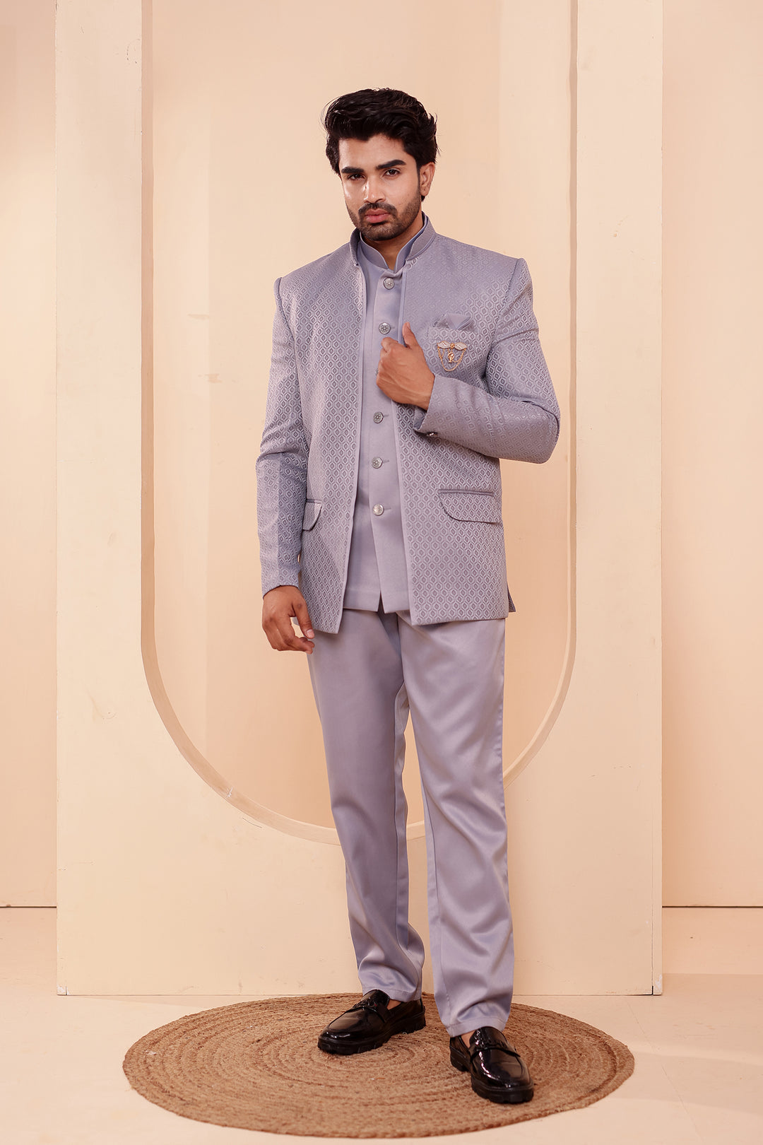 Grey Brocade Silk Open Jacket Style Jodhpuri Suit.