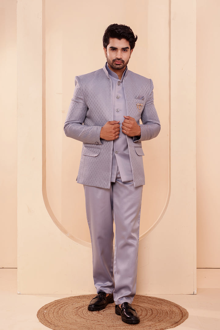 Grey Brocade Silk Open Jacket Style Jodhpuri Suit.