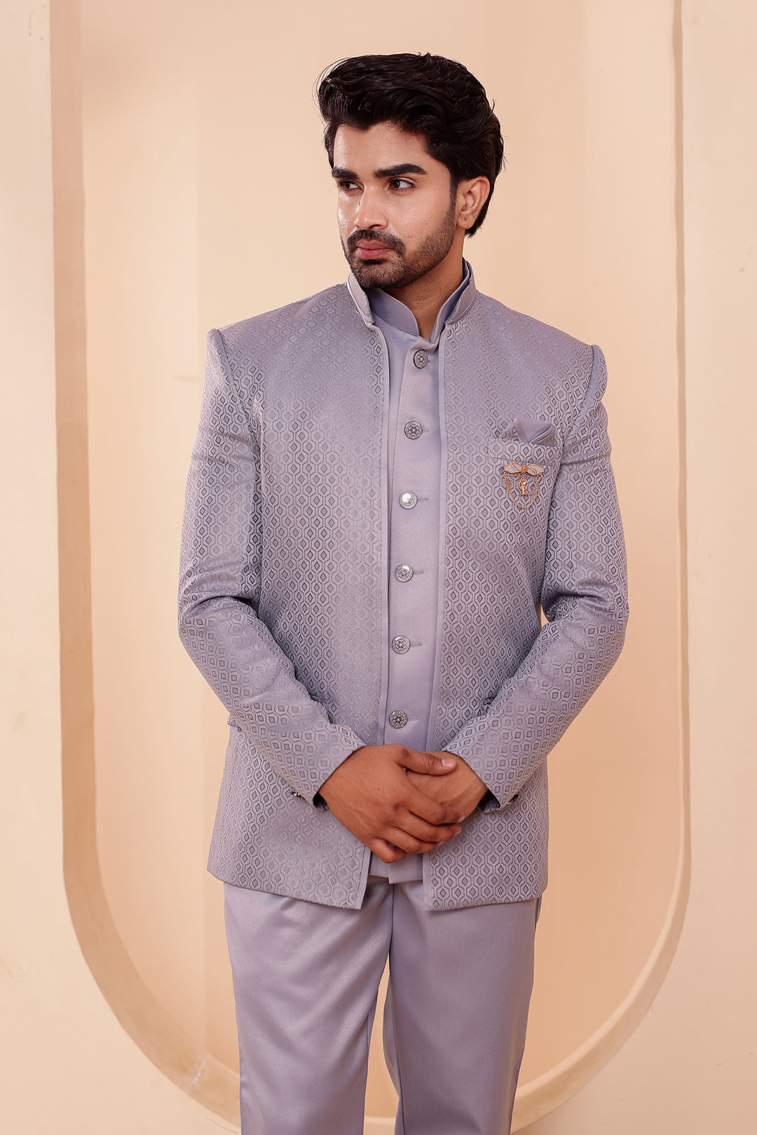 Grey Brocade Silk Open Jacket Style Jodhpuri Suit.