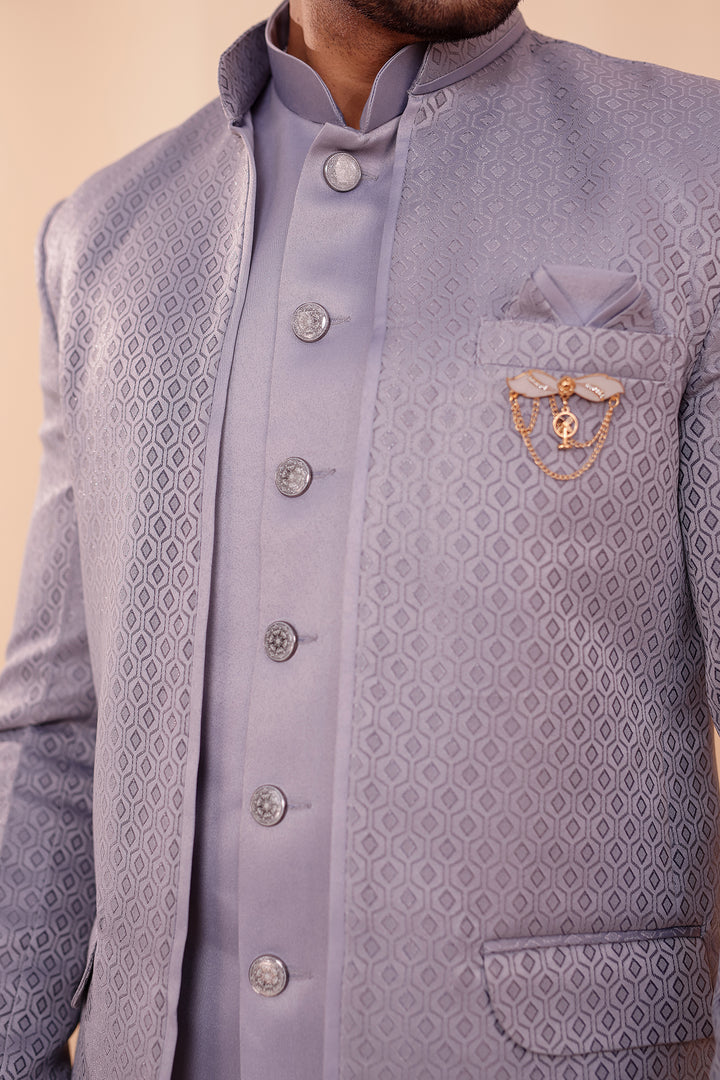 Grey Brocade Silk Open Jacket Style Jodhpuri Suit.