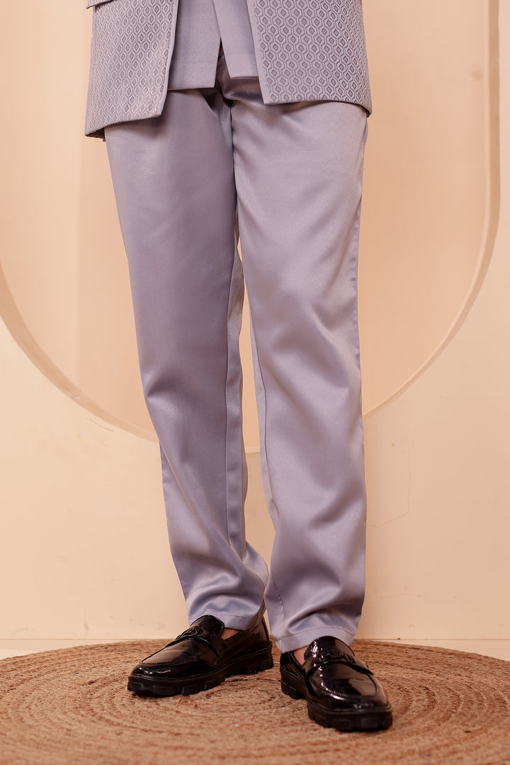 Grey Brocade Silk Open Jacket Style Jodhpuri Suit.