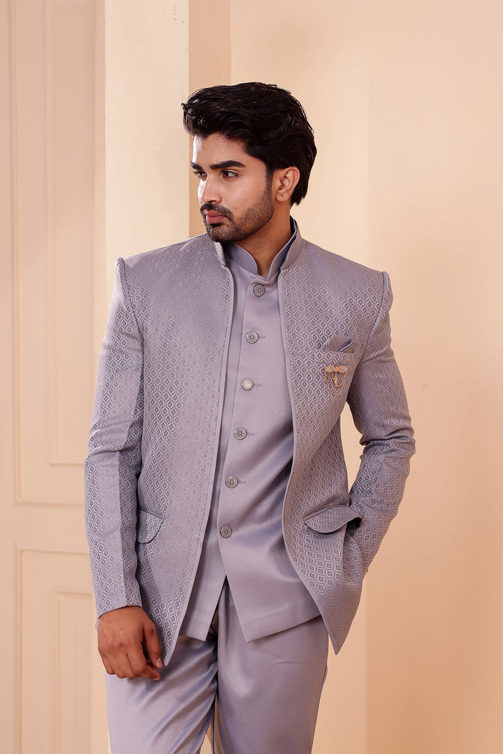 Grey Brocade Silk Open Jacket Style Jodhpuri Suit.