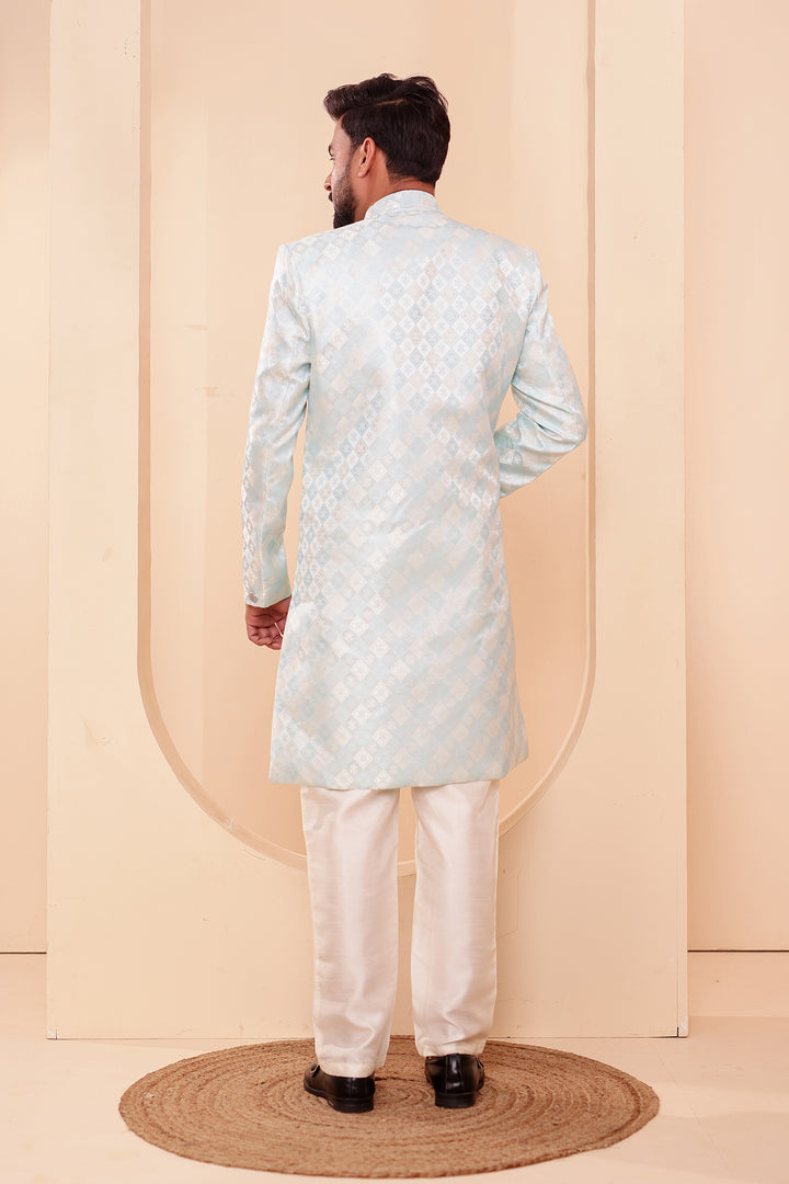 Sea Green Brocade Silk Indo-western Suit.