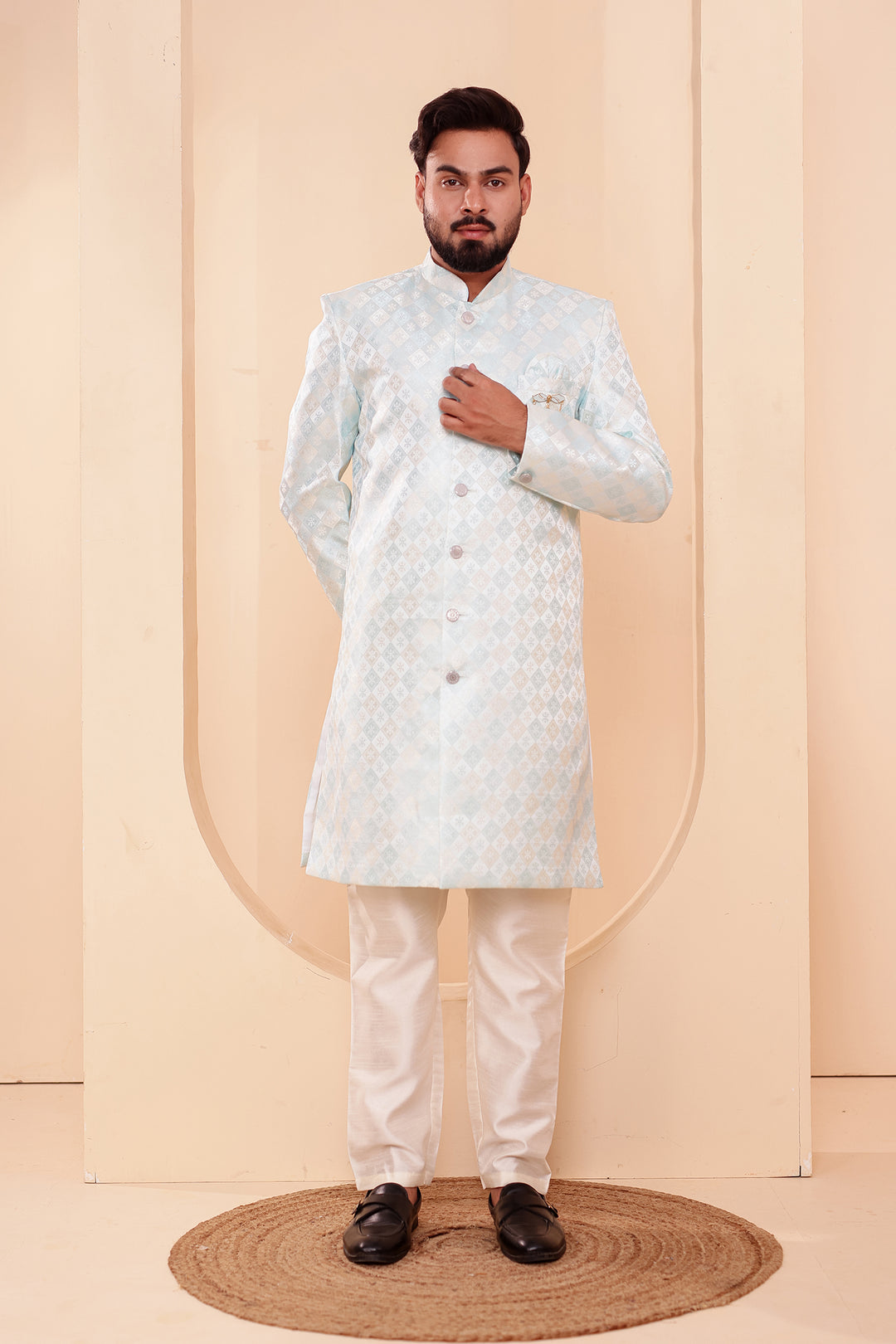 Sea Green Brocade Silk Indo-western Suit.