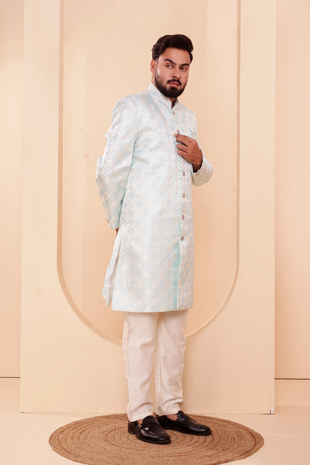 Sea Green Brocade Silk Indo-western Suit.