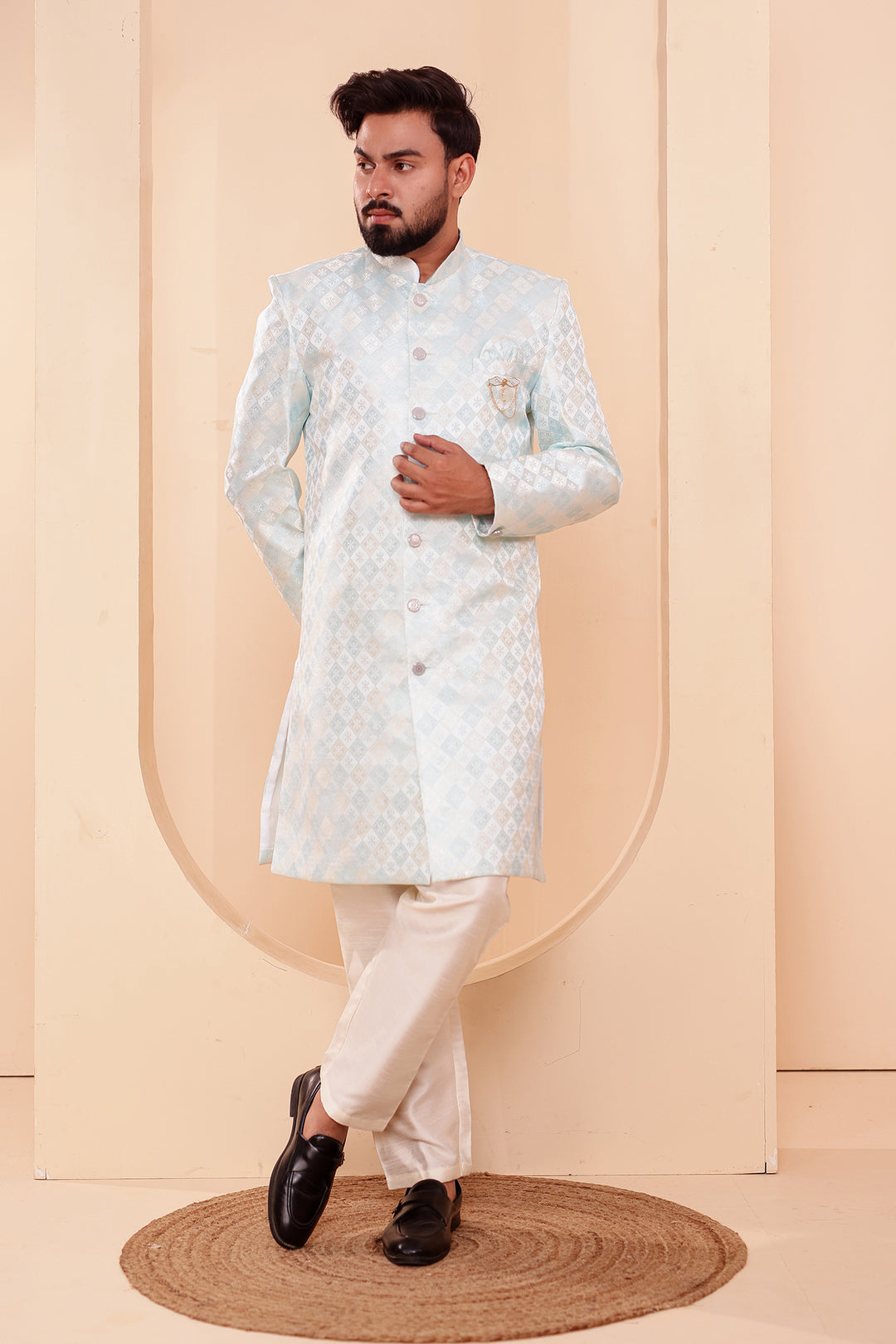 Sea Green Brocade Silk Indo-western Suit.