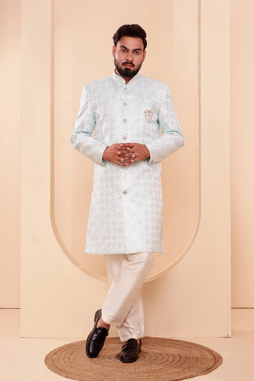 Sea Green Brocade Silk Indo-western Suit.
